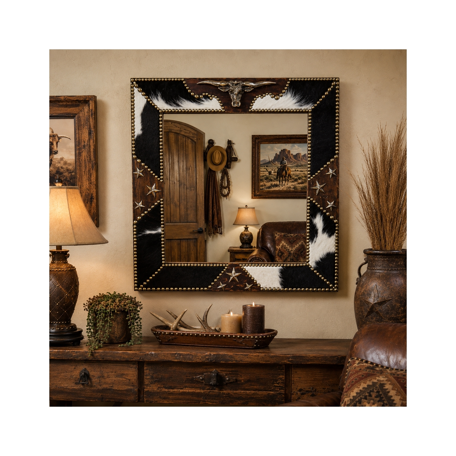 32 Western Cowhide Longhorn Mirror Frame
